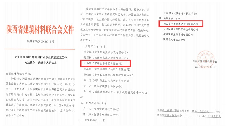 富平公司荣获2020年建材行业职业技能鉴定多项荣誉​