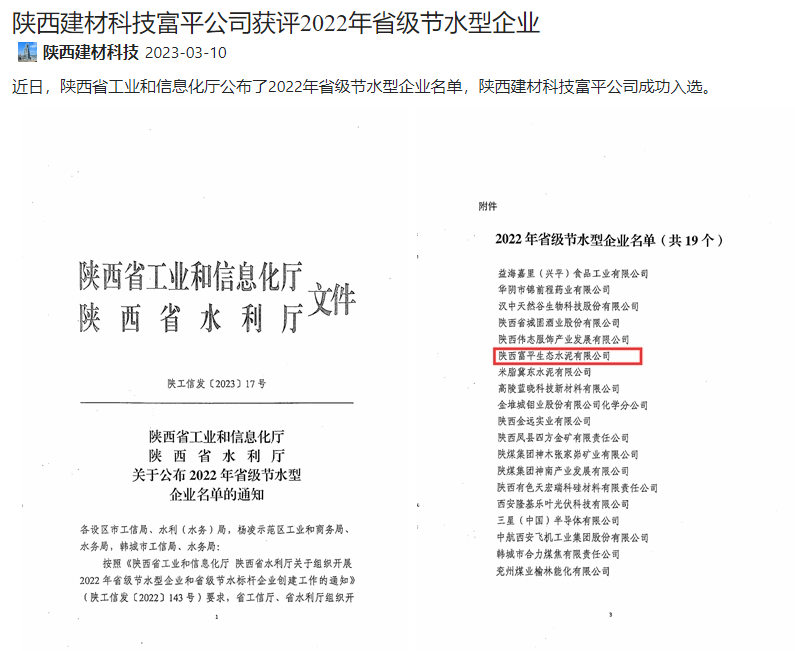 奋进陕煤 | 陕西建材科技富平公司获评2022年省级节水型企业